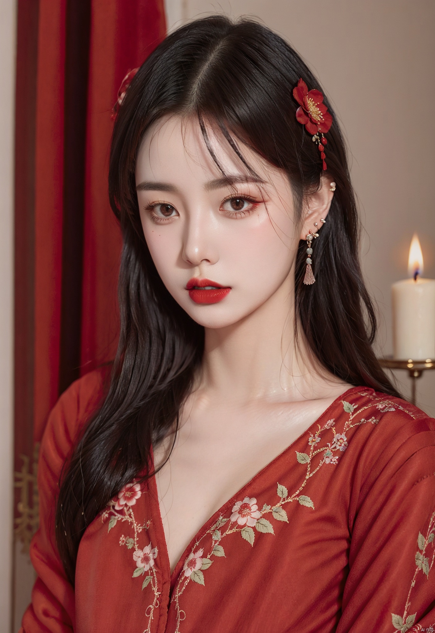 1girl, hair ornament, solo, flower, hair flower, candle, earrings, jewelry, black hair, black eyes, blurry, lips, red lips, looking at viewer, tassel, depth of field, makeup, realistic,(red_clothes:1.5),chinese clothes, floral print, cowboy shot
