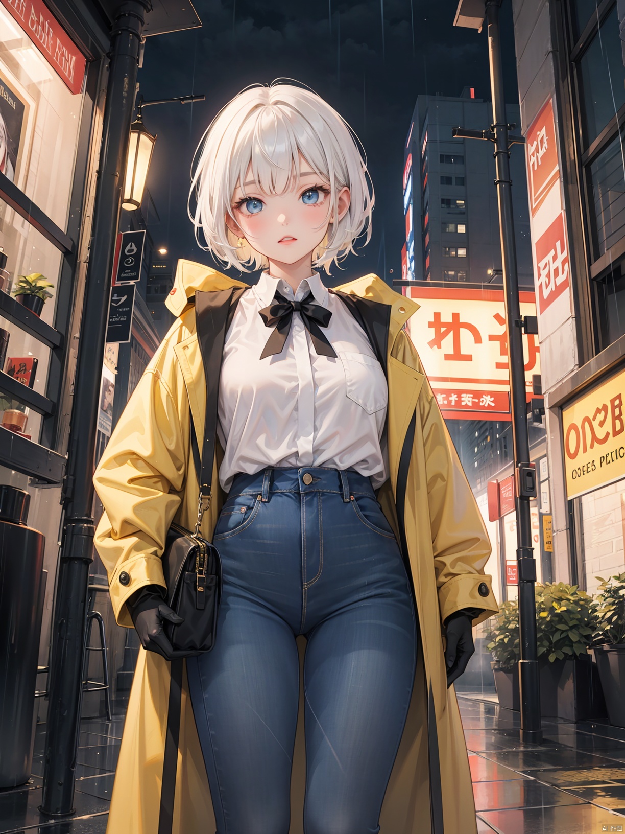  Golden short hair, girl, tall, blue eyes, thin, very tall, with a yellow and black coat, uniform, white shirt, jeans, black gloves, night, heavy rain