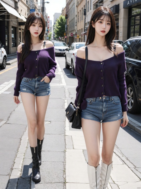 A woman with a tall and slender figure, a purple red vest, off the shoulder, denim shorts, white boots, black hair, medium length hair, no bangs, complete body shape