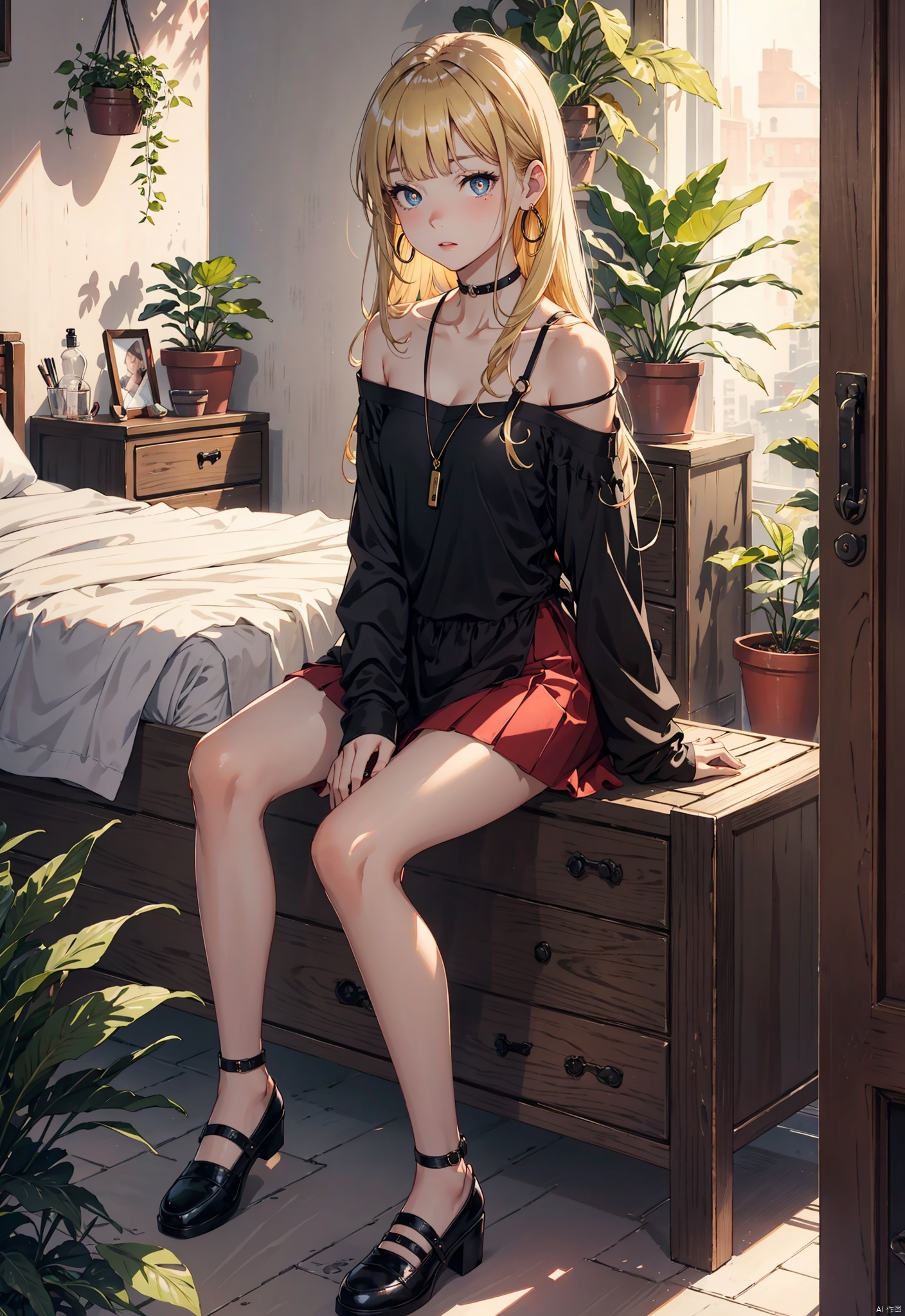 Beautiful figure, bangs, long hair, black eye,night, sitting in the room, bedroom, interior design, indoor plants, outdoor view, blonde hair, rose red pupils, girl, full body photo, leg rings, black top, long hem, covering hands, red skirt, short hem, revealing collarbone, off the shoulder, small leather shoes