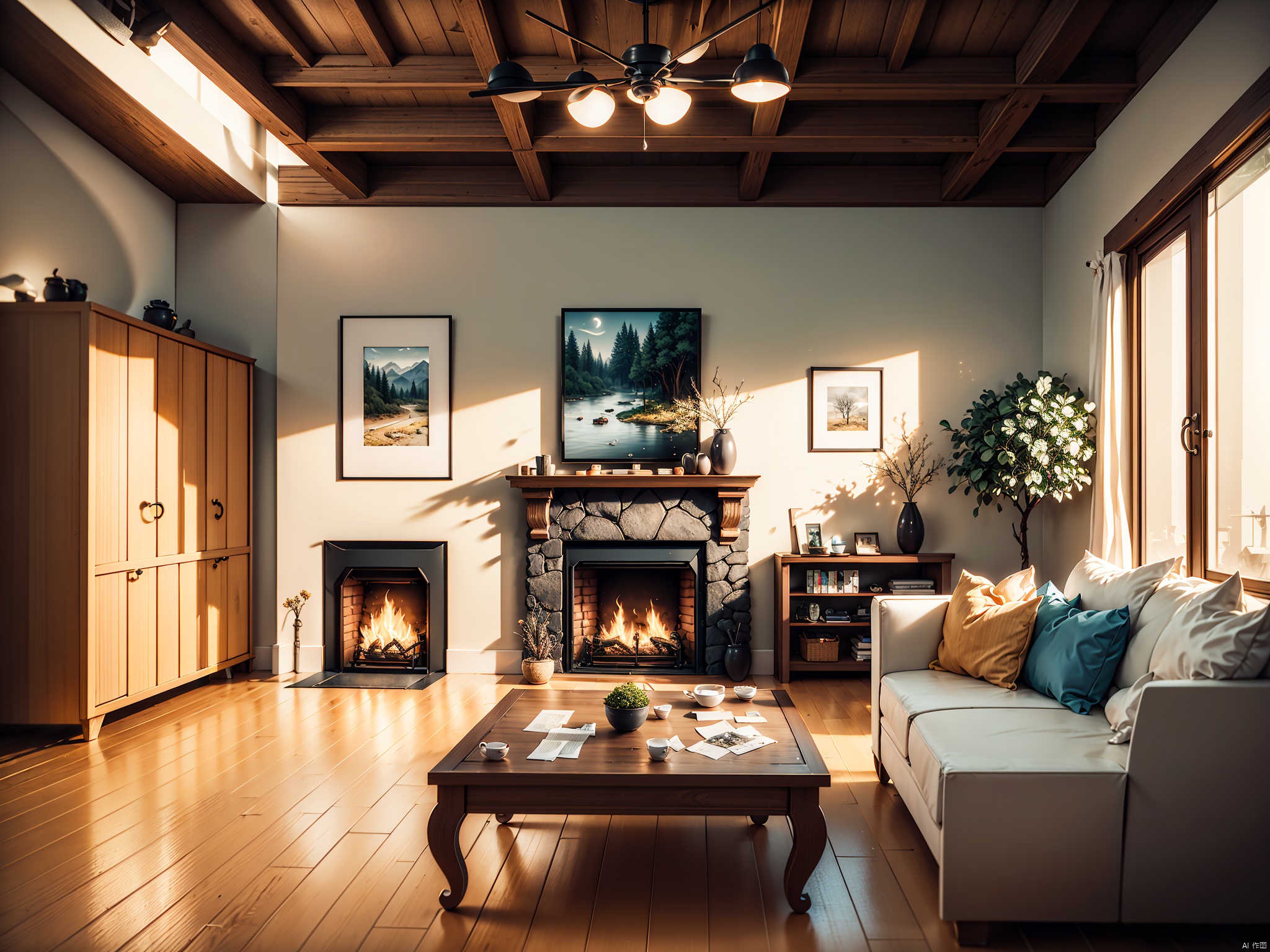 Forest Loft, Premium sofa, Genuine leather white blanket, Warm flames beat in the fireplace, 24-Inch high definition LCD TV hanging on the wall, Large transparent floor-to-ceiling windows, There are many trees outside, High definition 24k,Paper Cuttings style,