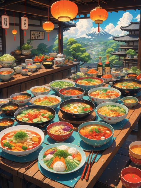 , numerous dishes on a table with vegetables and beverages, in the style of whimsical anime, colorful animation stills, melting pots, villagecore, i can't believe how beautiful this is, 2d game art, japonisme