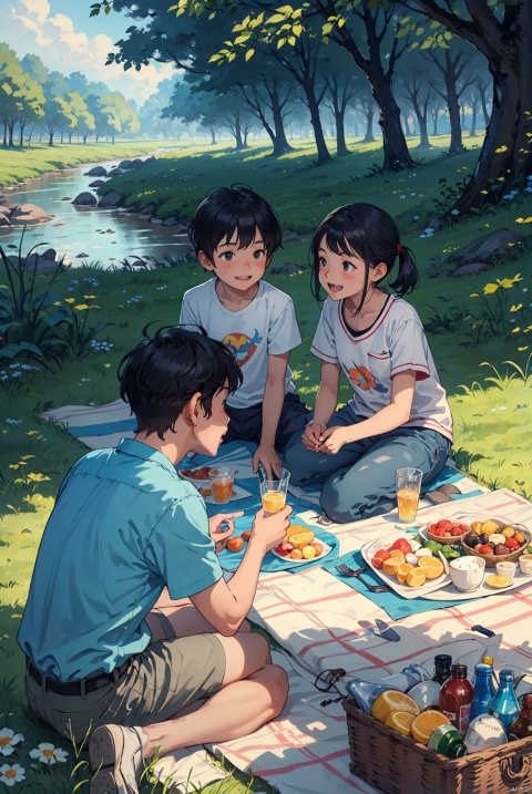 On International Children's Day, a group of children were having a picnic on the grassland. The children were very happy. The tent, the butterfly, the background was a river, and there were fishermen by the river