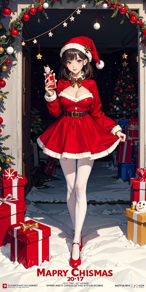  Christmas, elk, Santa Claus, gift, Snowflake, (Christmas trees), presents, Black pantyhose,lights,Christmas tree,1girl, full body,tutututu,Cleavage,With a gift in hand,(animal,cat),The shining stars,(Poster cover),snowman,(mountain),Outside, with Santa, 1girl