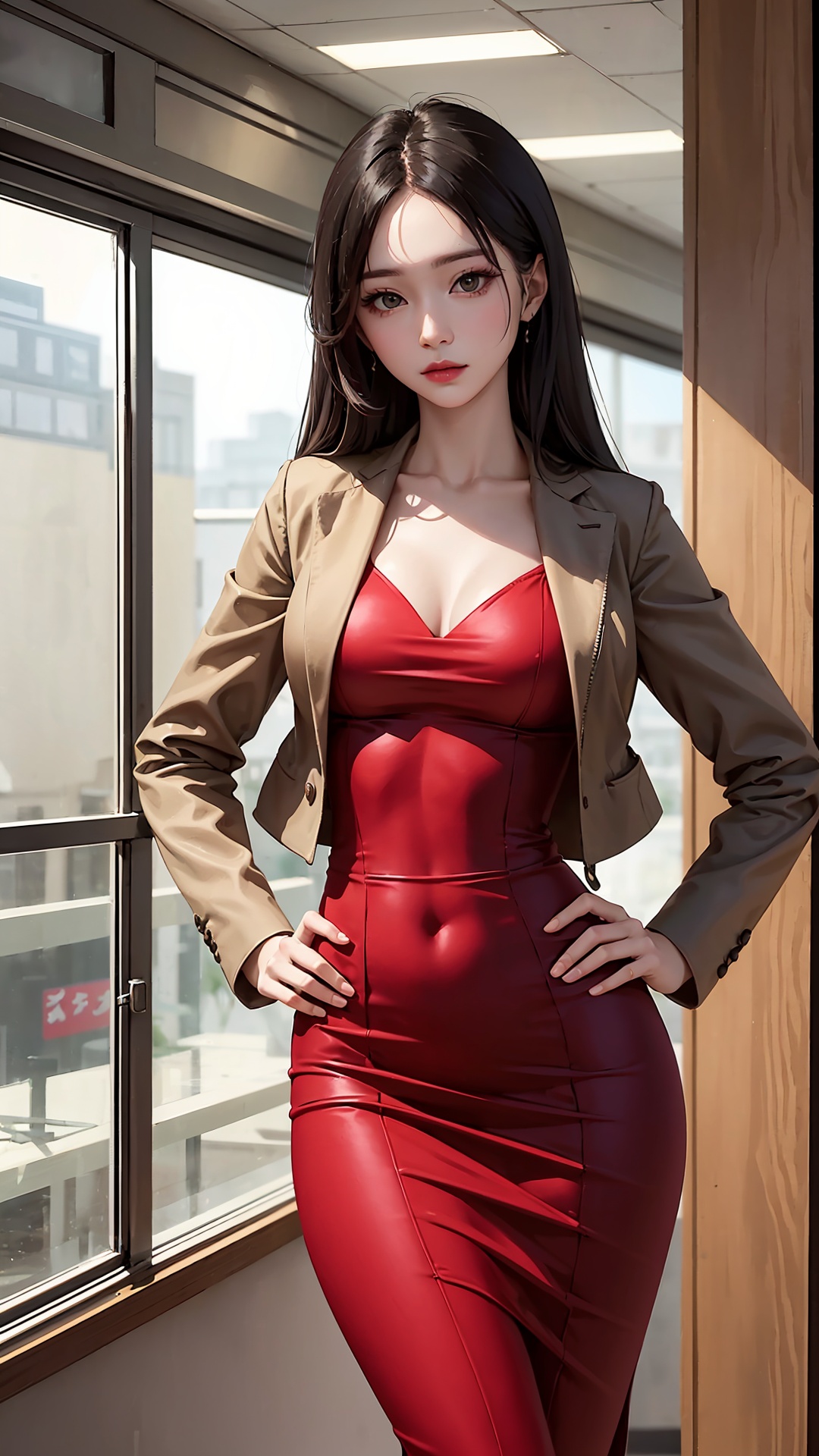 A woman wearing a brown jacket and a red dress posing with her hands on her hips, taking photos. Du Qiong, magazine, photocopy, private publishing house, distant view, 1girl