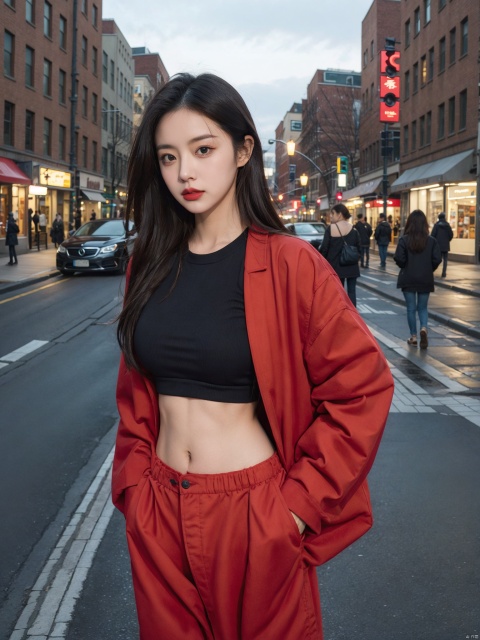 A woman wearing a red jacket and a black top stands on the street at night, with her hands on her hips