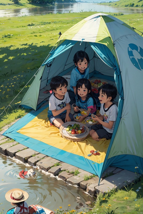On International Children's Day, a group of children were having a picnic on the grassland. The children were very happy. The tent, the butterfly, the background was a river, and there were fishermen by the river