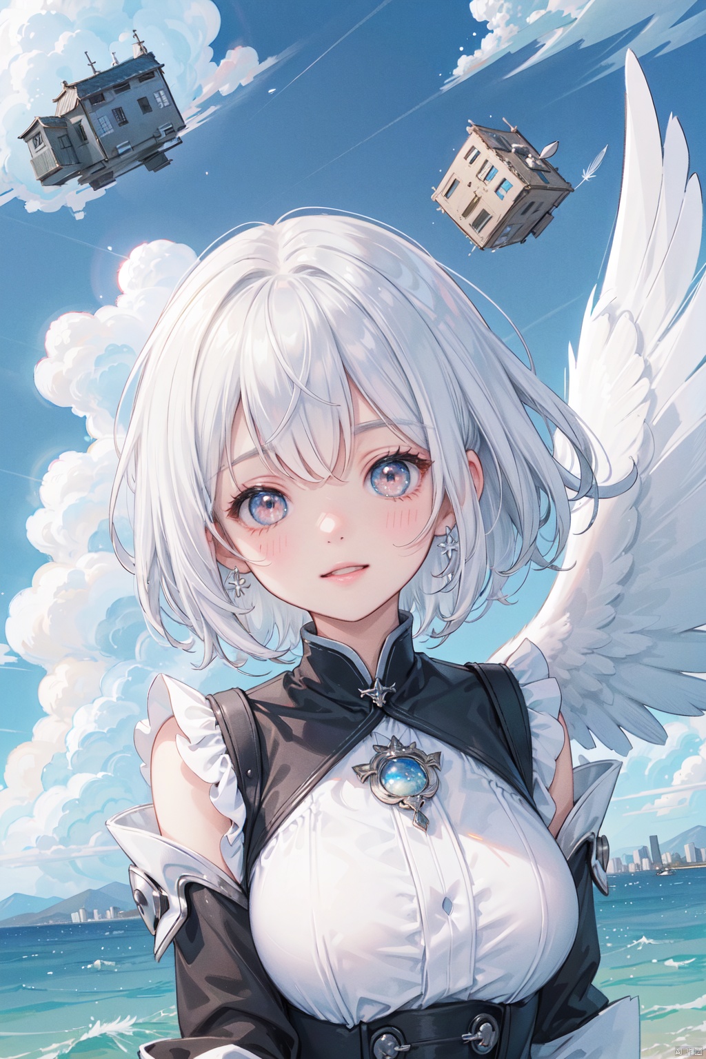 ((best quality, ultra detailed)),(best quality, ultra detailed), fantasy, fisheye, (bishoujo:1.3), 1 cute angel flying in sky, solo, ((Spread huge white wings)), happy smile, opened mouth, black eye, delicate eyes, portrait, short hair, silver hair,beautiful and detailed background, (above the clouds:1.4), (some floating island, floating city:1.5), weightlessness, zero gravity ,giant scales, (feathers:1.3)