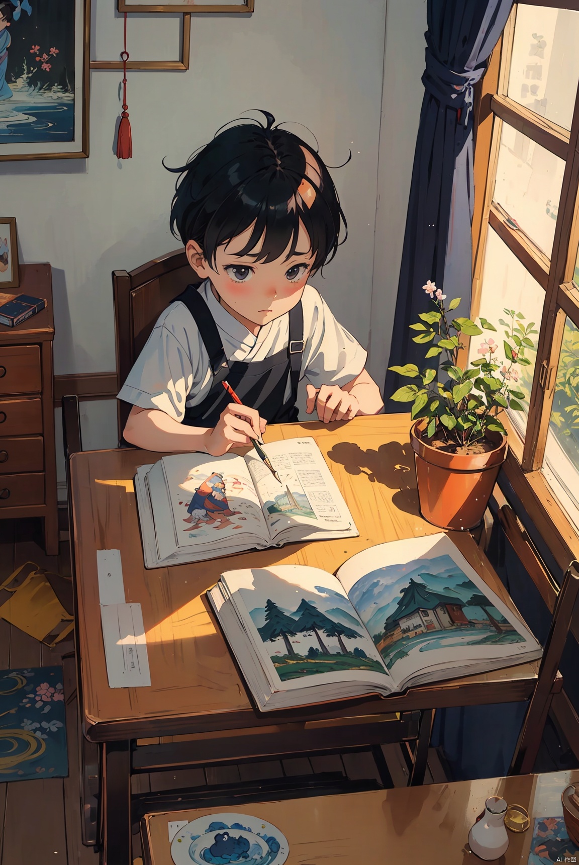 Thick painted Chinese cartoons, textbook illustrations, Feng Zikai, Eastern poetry and painting, childhood memories, 1980s and 1990s, thick painted Chinese cartoons, rural areas, a little boy in the room, watching black and white TV, panoramic composition, delicate lines, high-quality, 32K, high-quality, masterpiece, perfect composition,