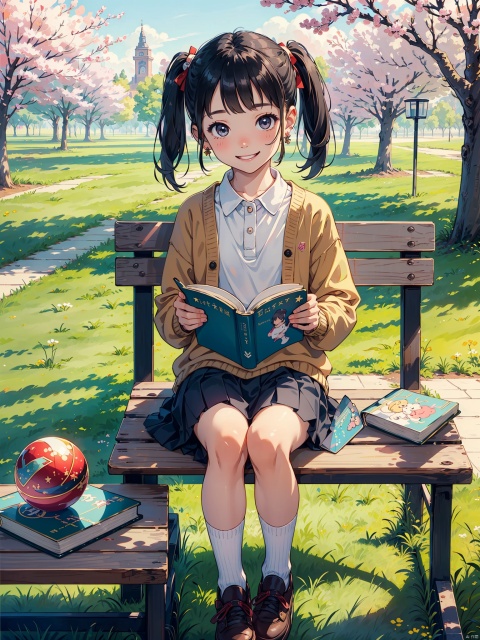 ((A child,small cute plush ball errings,pigtails,jumper skirt,A charming smile,reading picture-story book)),Parks, lawns, cherry trees, benches,masterpiece, best quality,