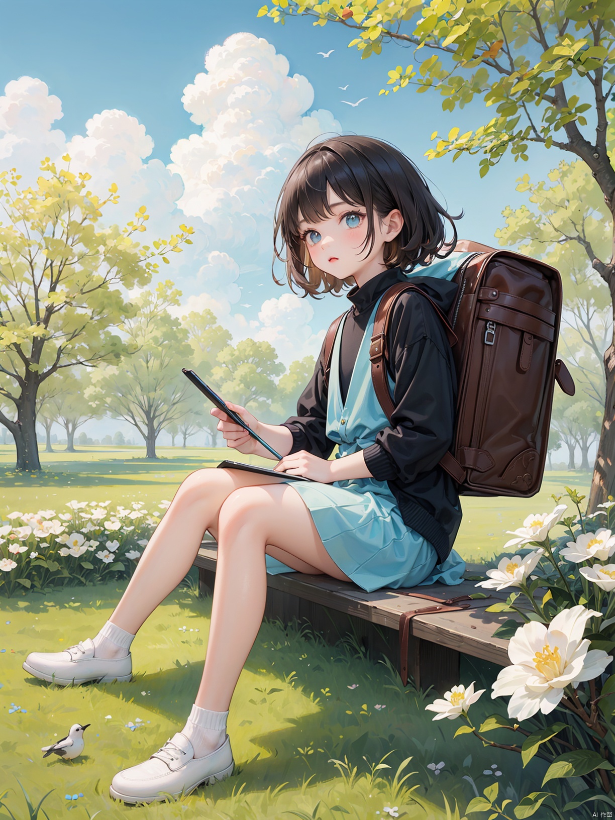  (Masterpiece), (Best Quality), Children's Illustration, Line Stroke, 1 cute girl, blue pupils, curly brown hair, holding a book, backpack, tablet, sitting on the grass, looking at the sky, clouds, donuts, white flowers, detailed details,, A ink painting of a tranquil orchard with Chinese writing on it and a pair of birds building their nest, with a fruit-laden branch in the foreground, An Zhengwen, organic painting, a minimalist painting, art & language, ink and wash,