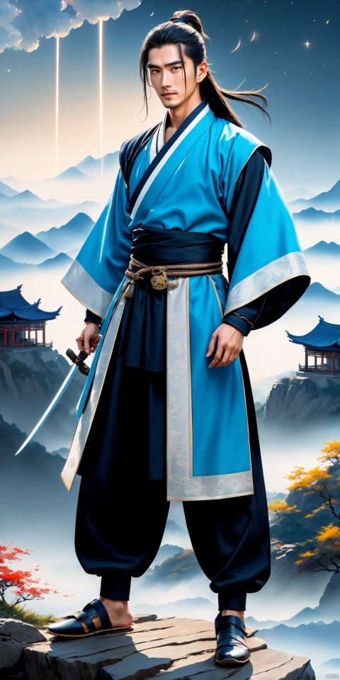 A young man with sword eyebrows and starry eyes, handsome face, exquisite facial features, bright eyes, tall nose bridge, black hair, flowing long hair, high ponytail, black wrist guard, ancient style, cultivation style, blue Taoist robe, exquisite Chinese Hanfu, long pants, Chinese cloth boots, blue sky, perfect figure, exquisite muscles, floating flying sword beside him, exquisite Chinese long sword, standing on the mountaintop, shrouded in clouds and mist, shining with lightning, The style of ink painting, master's work, high-definition 8k