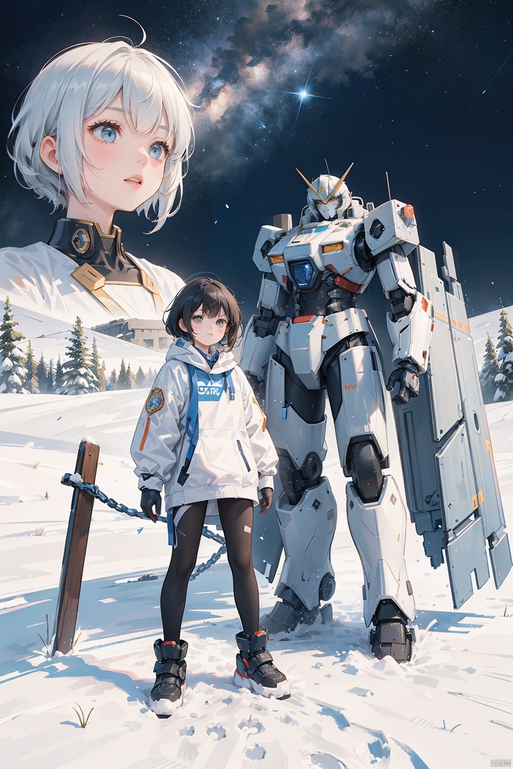 (A girl and a boy in the middle, with a giant mecha behind them, typesetting) (Snow Mountain) Spectacular, Cosmic, Combat, Mission, Belief, Peace, Ruins, Battle Damage, mecha destroyed, mecha shattered and incomplete, boy with injuries, Brave, Fighting