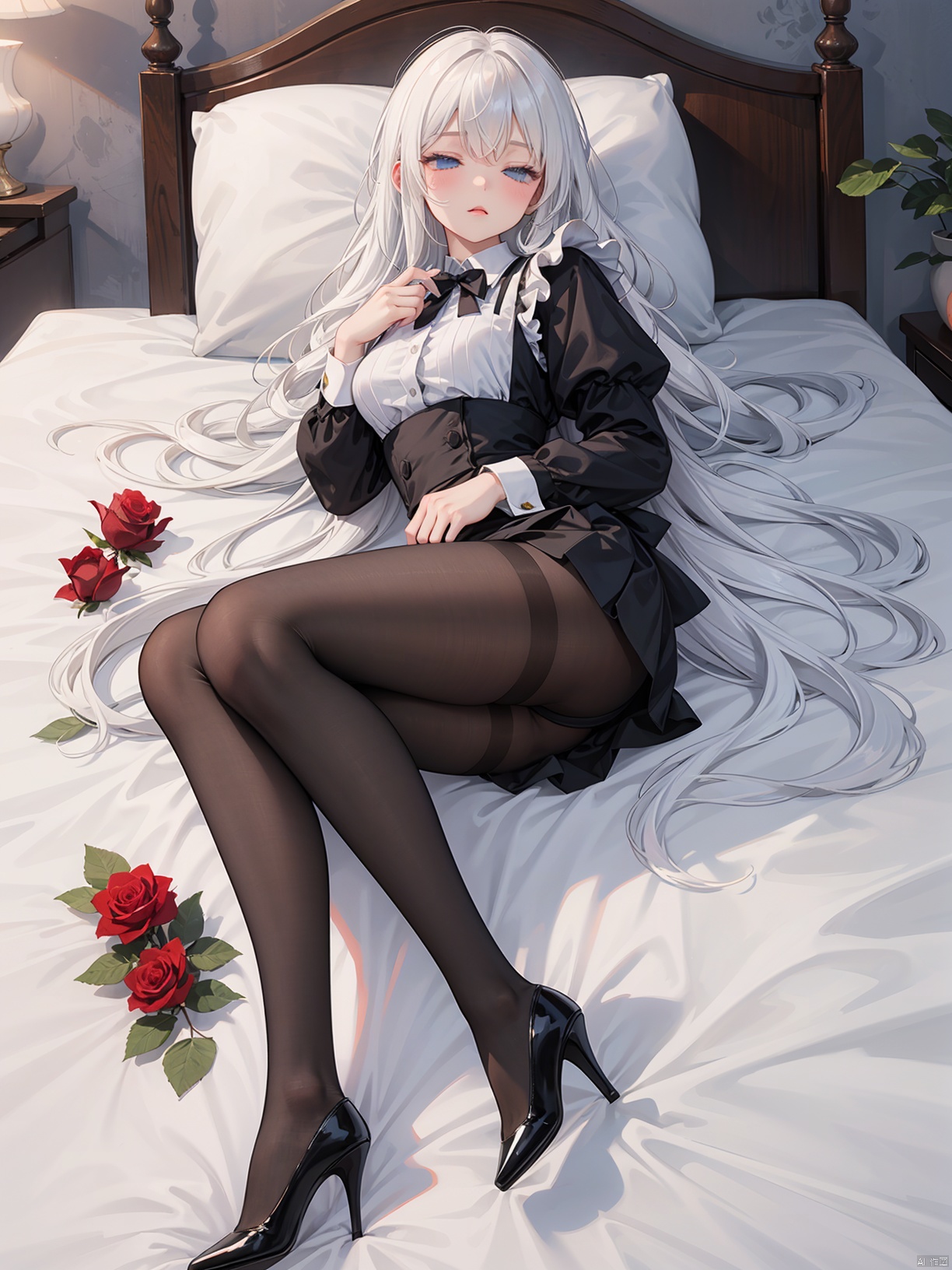 Wearing maid attire, with fluffy and dense long hair, big wavy curls, white haired beauty, white long hair, slender legs, sleeping, sleeping peacefully, mature charm, fingers holding the bed sheet, blue eyes, high heels, tall figure, full and round thighs, surrounded by roses, lying in a strange space, red roses, black pantyhose, heavy on the bed