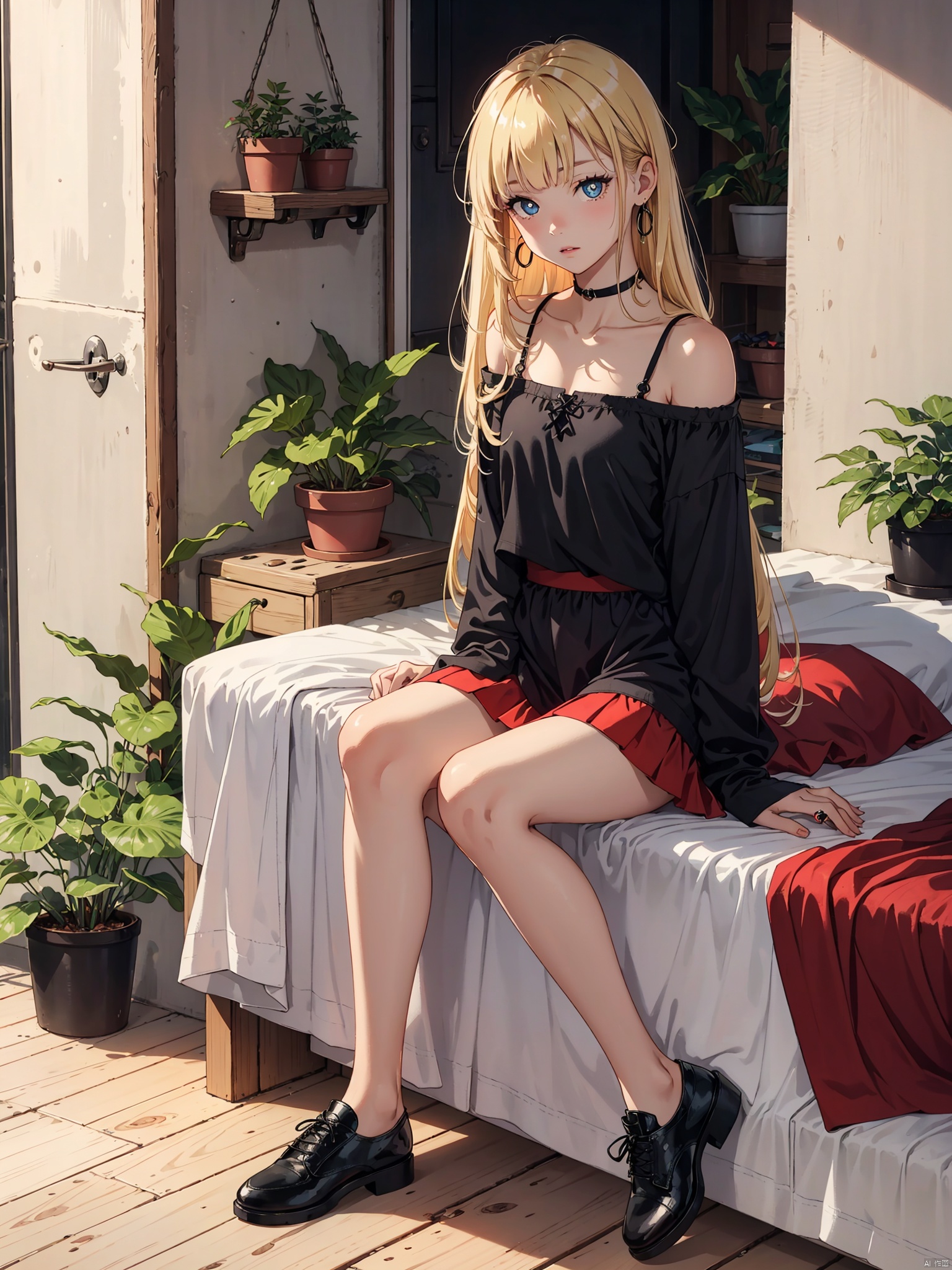 Beautiful figure, bangs, long hair, black eye,night, sitting in the room, bedroom, interior design, indoor plants, outdoor view, blonde hair, rose red pupils, girl, full body photo, leg rings, black top, long hem, covering hands, red skirt, short hem, revealing collarbone, off the shoulder, small leather shoes