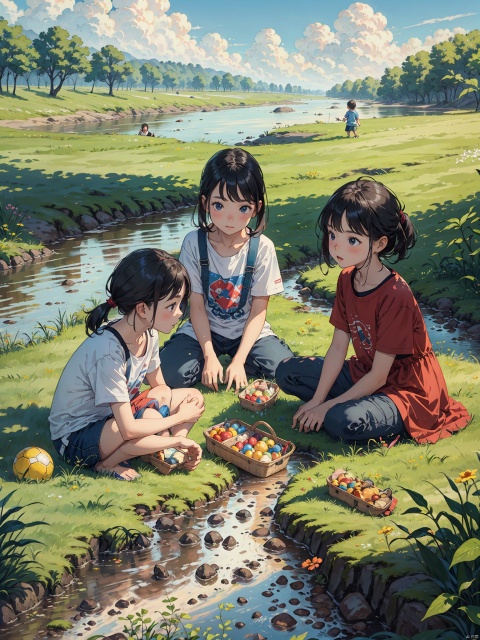 A group of children on Children's Day play on a prairie picnic with a river in the background