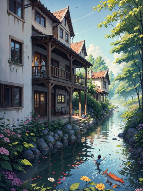 A cozy and warm picture of an old house in my hometown, leisure time, grape trellis, small table, tea set, busy repairing trees and flowers, a flower covered path, a clear stream, fish swimming in the water, a little boy wearing willow trees in the afternoon, and a little girl with braids, holding hands and looking at the flowers and plants not far away with clear eyes,