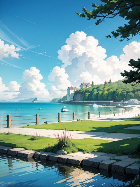  4k,Many details,(seaside:1.4), scenery, sky, grass, clouds, trees, blue sky, Miyazaki style
