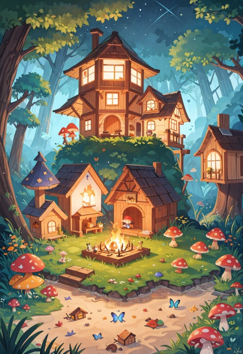 Landscape painting, on the beach at night, fairy tale world, glowing colorful cottage (mushroom house), bonfire, various small animals, floating crystal lamps, colorful butterflies dancing, fireflies, fantasy fantasy fantasy, pink dreams, magic, fantasy sky, aesthetics, digital painting, epic composition, high-definition, {{Master's work}}}