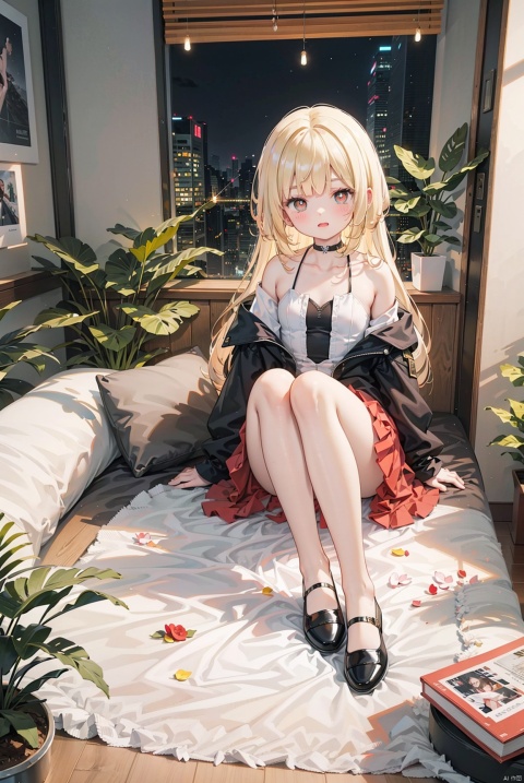 Beautiful figure, bangs, long hair, black eye,night, sitting in the room, bedroom, interior design, indoor plants, outdoor view, blonde hair, rose red pupils, girl, full body photo, leg rings, black top, long hem, covering hands, red skirt, short hem, revealing collarbone, off the shoulder, small leather shoes