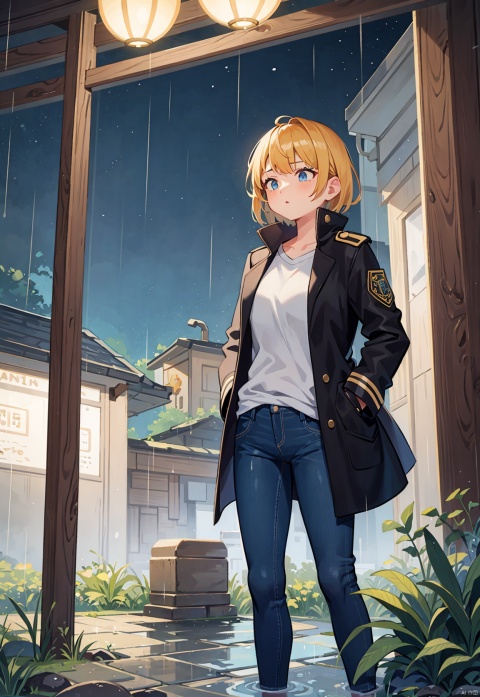 Golden short hair, girl, tall, blue eyes, thin, very tall, with a yellow and black coat, uniform, white shirt, jeans, black gloves, night, heavy rain