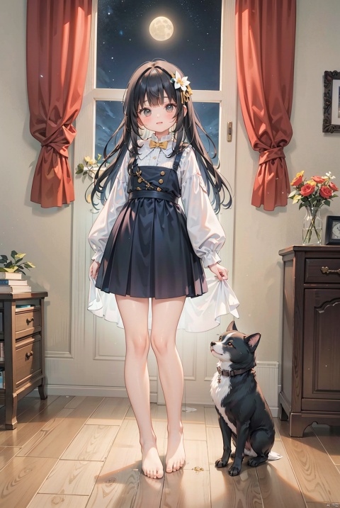 A real person, a happy little girl and Shiba dog watching the moonlight, barefoot, standing on the wooden floor of a cozy bedroom, full body photo, blue mid length skirt, black long hair, with sky, sunset, and sunset, Miyazaki Hayao style, a sad little girl, round face, big eyes, long eyelashes, night sky
