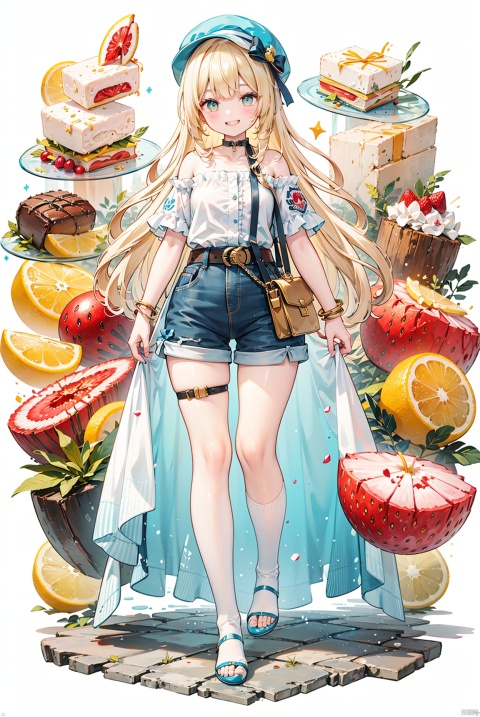 1girl, bangle, bangs, baseball_cap, belt, blonde_hair, blue_bow, blue_headwear, blue_legwear, blue_nails, blue_shorts, bow, bracelet, collarbone, english_text, food, fruit, full_body, grin, hat, hat_bow, holding, jewelry, kirisame_marisa,
