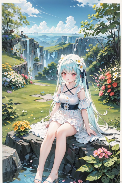 best quality, masterpiece, illustration, (reflection light), incredibly absurdres, (Movie Poster), (signature:1.3), (English text:1.3), 1girl, girl middle of flower, pure skyblue hair, red eyes, clear sky, outside, collarbone, loli, sitting, absurdly long hair, clear boundaries of the cloth, white dress, fantastic scenery, ground of flowers, thousand of flowers, colorful flowers, flowers around her, various flowers,
