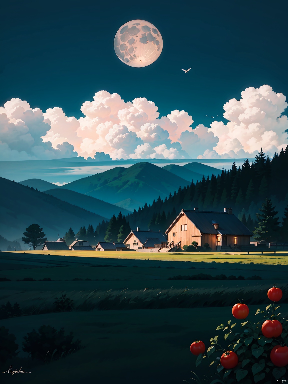 The scenery, tomatoes, and fields are naturally harmonious in color, with white clouds rolling in the distance, mountains and birds in the air. The moonlight is very soft, and it looks very quiet and healing. The 8K color is beautiful and Zen like, making people yearn for it.