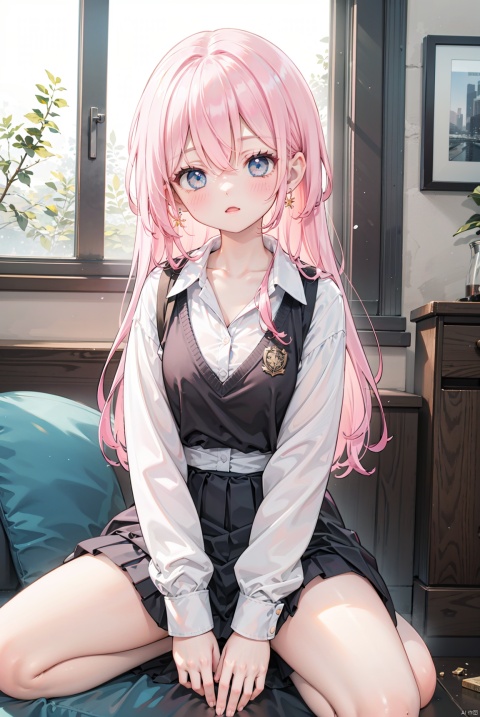 1girl, bangs, between_legs, blue_eyes, blush, collarbone, collared_shirt, earrings, eyebrows_visible_through_hair, grey_skirt, hair_between_eyes, hand_between_legs, long_hair, long_sleeves, looking_at_viewer, miniskirt, pink_hair, pleated_skirt, shirt, sitting, skirt, solo, white_shirt
