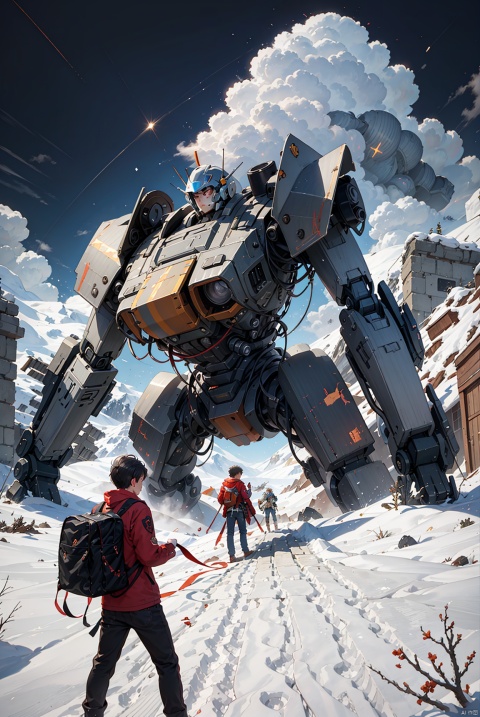 (A girl and a boy in the middle, with a giant mecha behind them, typesetting) (Snow Mountain) Spectacular, Cosmic, Combat, Mission, Belief, Peace, Ruins, Battle Damage, mecha destroyed, mecha shattered and incomplete, boy with injuries, Brave, Fighting