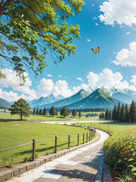  Mountains, blue sky and white clouds, plants, daytime, lawn, butterflies, creek, snowy mountains, distant view, natural light, medium long shot (MLS)