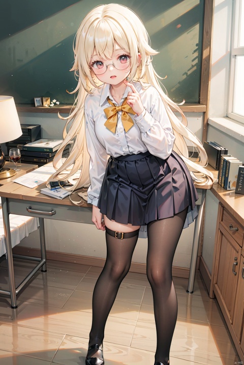 Big chest, bent down, revealing waist, school uniform, flesh colored stockings, mature senior sister, gradient long hair, in front of the desk, ultra-high picture quality, noble, masterpiece, dynamic angle, golden glasses