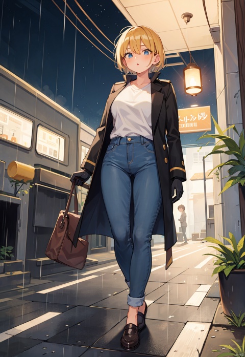 Golden short hair, girl, tall, blue eyes, thin, very tall, with a yellow and black coat, uniform, white shirt, jeans, black gloves, night, heavy rain