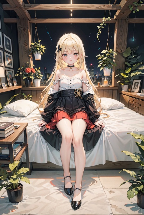 Beautiful figure, bangs, long hair, black eye,night, sitting in the room, bedroom, interior design, indoor plants, outdoor view, blonde hair, rose red pupils, girl, full body photo, leg rings, black top, long hem, covering hands, red skirt, short hem, revealing collarbone, off the shoulder, small leather shoes