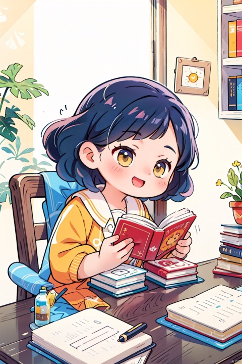  masterpiece,best quality,upper body,super cute little girl, very happy, bright yellow background, front, sunshine, yellow walls, room bright, black hair, sitting at desk, reading and studying, desk, books, high details, 8K, chahua