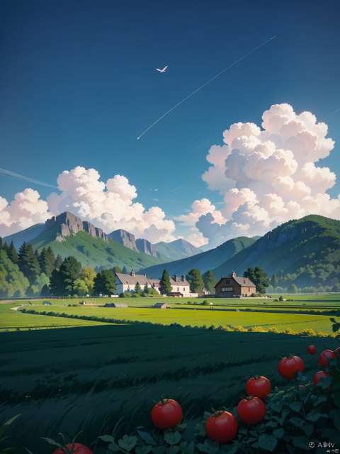 The scenery, tomatoes, and fields are naturally harmonious in color, with white clouds rolling in the distance, mountains and birds in the air. The moonlight is very soft, and it looks very quiet and healing. The 8K color is beautiful and Zen like, making people yearn for it.