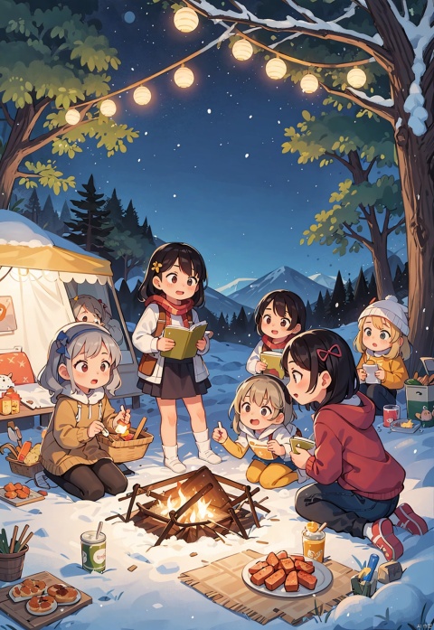 (5 girls watching and playing with each other), whole body (Laurie: 1.2), camping, picnicking, barbecue, barbecue, winter, snow, night, children's illustrations, masterpiece, best quality,