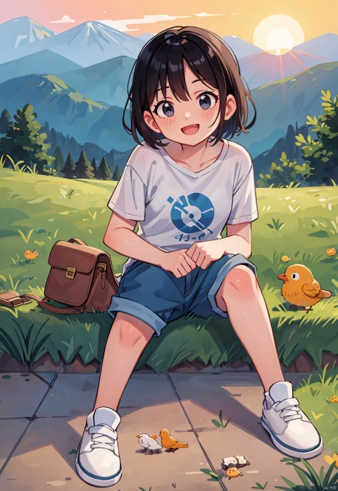 Master's work, best picture quality, higher quality, high details, ultra-high resolution, 8k resolution, high contrast, (single person), character close-up, Hayao Miyazaki style, under the sunset, a girl, red short sleeved, jeans and shorts, white skateboard shoes, sitting on a hillside, looking up at the sky, smiling, sunset, sunset, birds, mountain peaks
