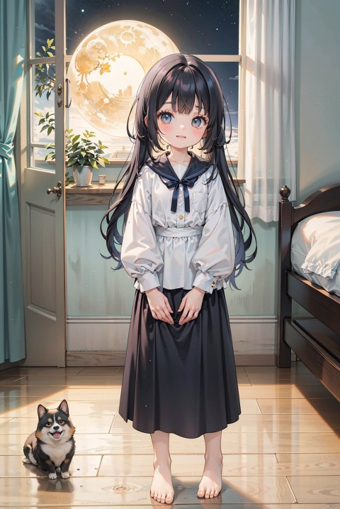 A real person, a happy little girl and Shiba dog watching the moonlight, barefoot, standing on the wooden floor of a cozy bedroom, full body photo, blue mid length skirt, black long hair, with sky, sunset, and sunset, Miyazaki Hayao style, a sad little girl, round face, big eyes, long eyelashes, night sky