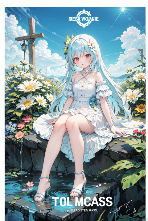 best quality, masterpiece, illustration, (reflection light), incredibly absurdres, (Movie Poster), (signature:1.3), (English text:1.3), 1girl, girl middle of flower, pure skyblue hair, red eyes, clear sky, outside, collarbone, loli, sitting, absurdly long hair, clear boundaries of the cloth, white dress, fantastic scenery, ground of flowers, thousand of flowers, colorful flowers, flowers around her, various flowers,
