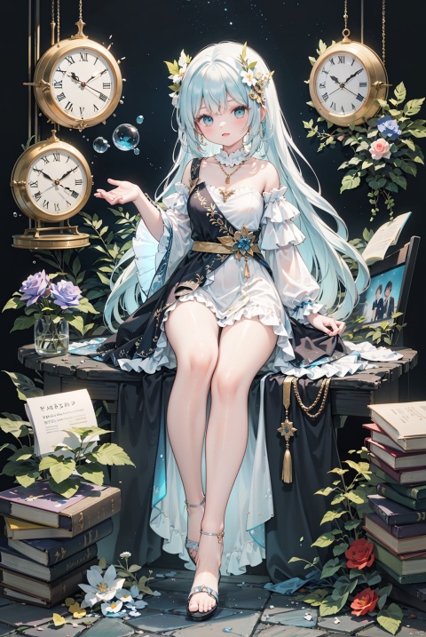 Masterpiece, best quality, 1Girl, in a jar, jar, simple background, full body, flower, sitting, erune, Hourglass, Twisted time, Many blue clocks, Spatial destruction, Crossing time, twisted clock, Crack, Blue background, gear, masterpiece, masterpiece, 8k 120 frames, A girl is flying, her eyes shining, shattered void, blue rose, Gothic art, fantasy, starry sky, a girl with blue and purple hair, blue rose sea, off shoulder, long hair fluttering, sea, beautiful. Classic, long skirt, gorgeous hem, bubble sleeves, carrying skirt, noble, elegant lady, blue rose, beautiful and moving, blue rose hair accessories, walking in the blue rose garden, correct body proportions, multi-layer skirt, rose necklace, rose earrings, holding a large bundle of blue roses