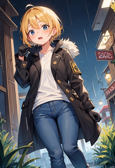 Golden short hair, girl, tall, blue eyes, thin, very tall, with a yellow and black coat, uniform, white shirt, jeans, black gloves, night, heavy rain