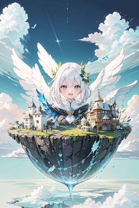 ((best quality, ultra detailed)),(best quality, ultra detailed), fantasy, fisheye, (bishoujo:1.3), 1 cute angel flying in sky, solo, ((Spread huge white wings)), happy smile, opened mouth, black eye, delicate eyes, portrait, short hair, silver hair,beautiful and detailed background, (above the clouds:1.4), (some floating island, floating city:1.5), weightlessness, zero gravity ,giant scales, (feathers:1.3)