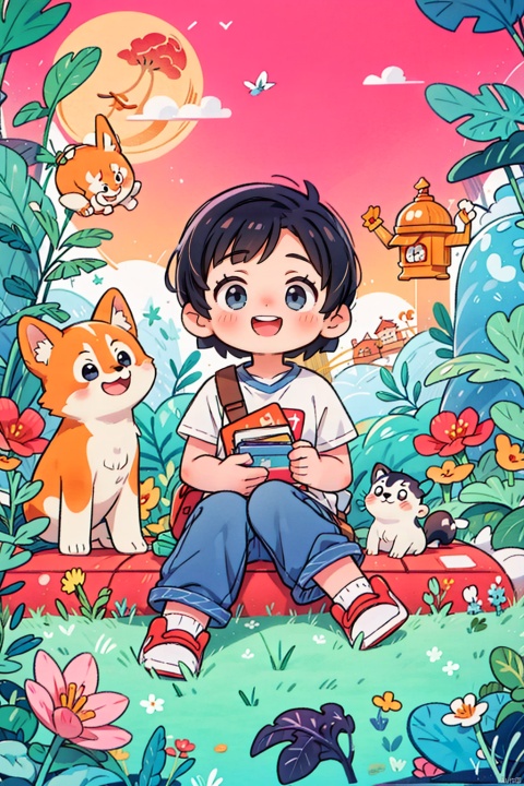 A happy little boy with short hair sitting on the roof next to a small Shiba dog, full body photo, laughing heartily, wearing a blue short sportswear, red sports shoes, black hair, having a house, flowers and plants, Miyazaki style, other small animals. A happy little boy with a round face, big eyes, long eyelashes, sunset and sunset