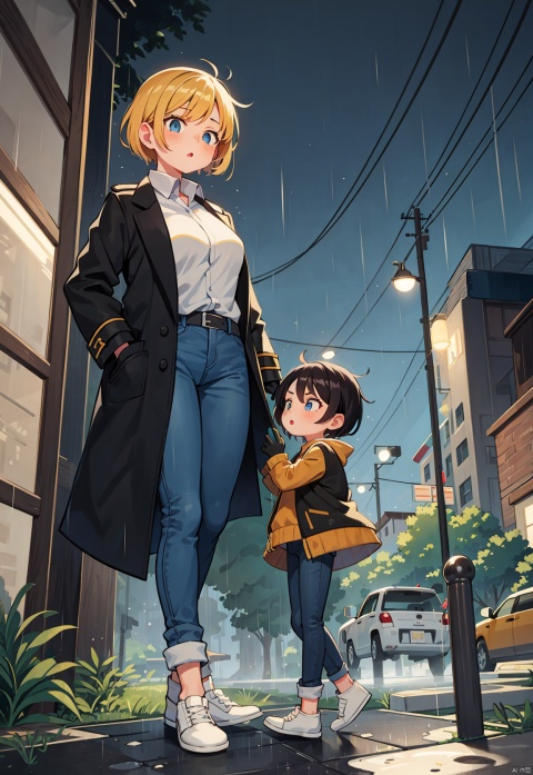 Golden short hair, girl, tall, blue eyes, thin, very tall, with a yellow and black coat, uniform, white shirt, jeans, black gloves, night, heavy rain