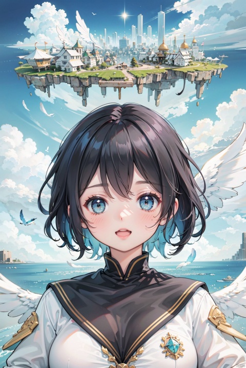 ((best quality, ultra detailed)),(best quality, ultra detailed), fantasy, fisheye, (bishoujo:1.3), 1 cute angel flying in sky, solo, ((Spread huge white wings)), happy smile, opened mouth, black eye, delicate eyes, portrait, short hair, silver hair,beautiful and detailed background, (above the clouds:1.4), (some floating island, floating city:1.5), weightlessness, zero gravity ,giant scales, (feathers:1.3)