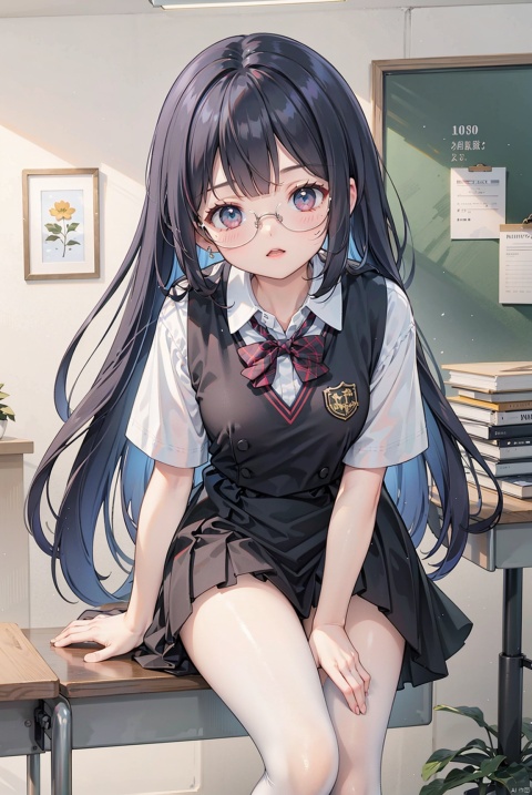 Big chest, bent down, revealing waist, school uniform, flesh colored stockings, mature senior sister, gradient long hair, in front of the desk, ultra-high picture quality, noble, masterpiece, dynamic angle, golden glasses
