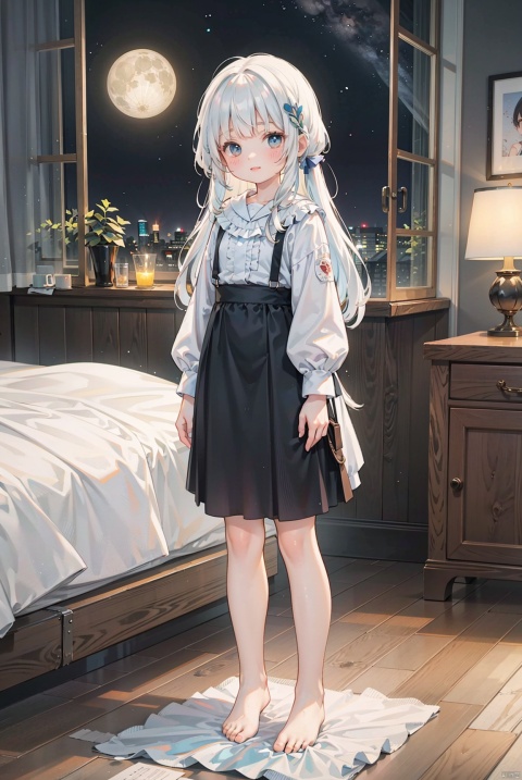 A real person, a happy little girl and Shiba dog watching the moonlight, barefoot, standing on the wooden floor of a cozy bedroom, full body photo, blue mid length skirt, black long hair, with sky, sunset, and sunset, Miyazaki Hayao style, a sad little girl, round face, big eyes, long eyelashes, night sky