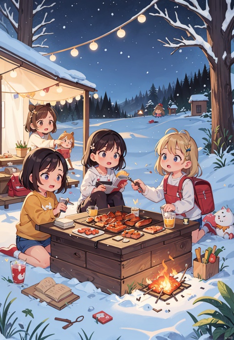 (5 girls watching and playing with each other), whole body (Laurie: 1.2), camping, picnicking, barbecue, barbecue, winter, snow, night, children's illustrations, masterpiece, best quality,